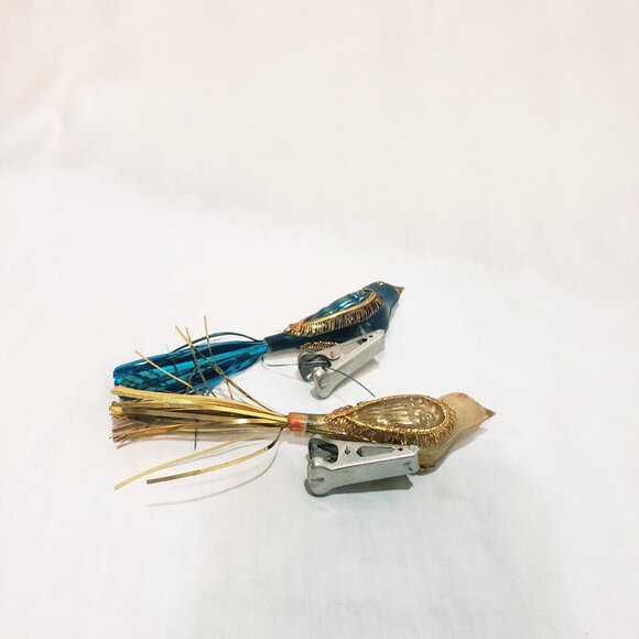 Pair Birds Clip-On Christmas Ornament 5" Vintage Plastic Tinsel Tails Gold Blue - Picture 3 of 7